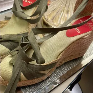 Christian Louboutin Green and Tan Espadrille Wedges