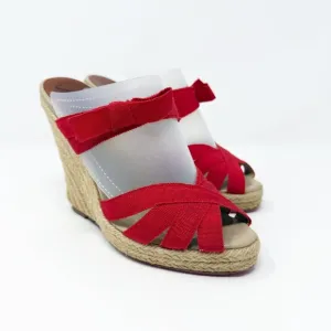 Christina Louboutin Red Grosgrain Ribbon Strappy Espadrille Wedges 35 Bow Accent