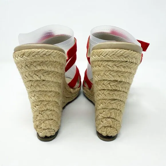 Christina Louboutin Red Grosgrain Ribbon Strappy Espadrille Wedges 35 Bow Accent