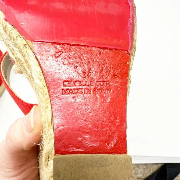Christina Louboutin Red Grosgrain Ribbon Strappy Espadrille Wedges 35 Bow Accent