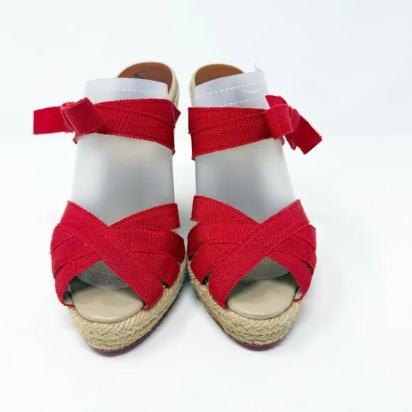 Christina Louboutin Red Grosgrain Ribbon Strappy Espadrille Wedges 35 Bow Accent