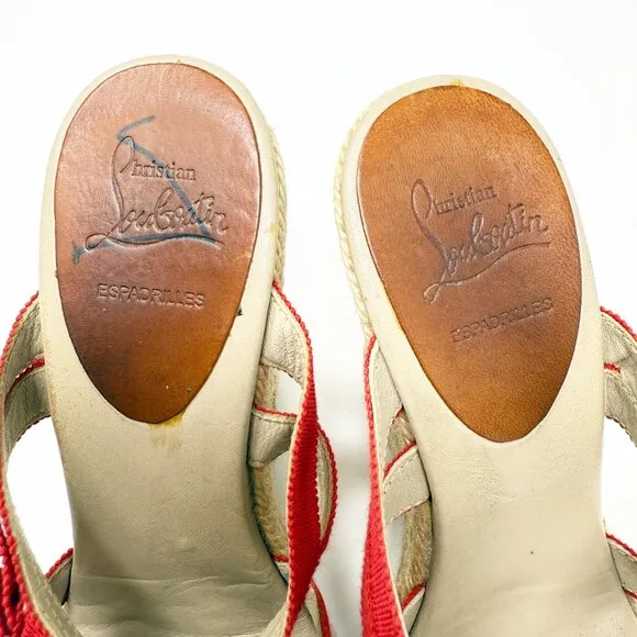 Christina Louboutin Red Grosgrain Ribbon Strappy Espadrille Wedges 35 Bow Accent