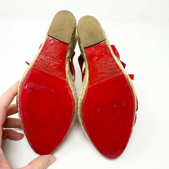 Christina Louboutin Red Grosgrain Ribbon Strappy Espadrille Wedges 35 Bow Accent