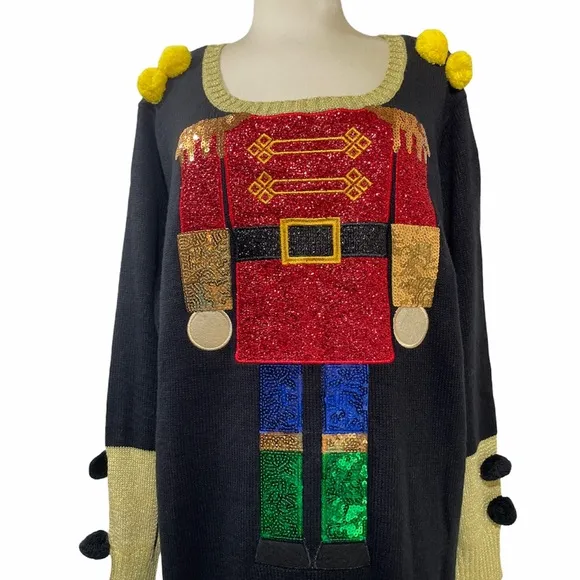 Christmas Dress Luxury Holiday Sweater Dress Nutcrackers Ornaments Sequins Gold