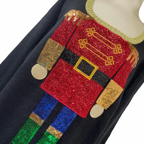 Christmas Dress Luxury Holiday Sweater Dress Nutcrackers Ornaments Sequins Gold