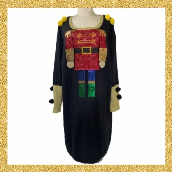 Christmas Dress Luxury Holiday Sweater Dress Nutcrackers Ornaments Sequins Gold