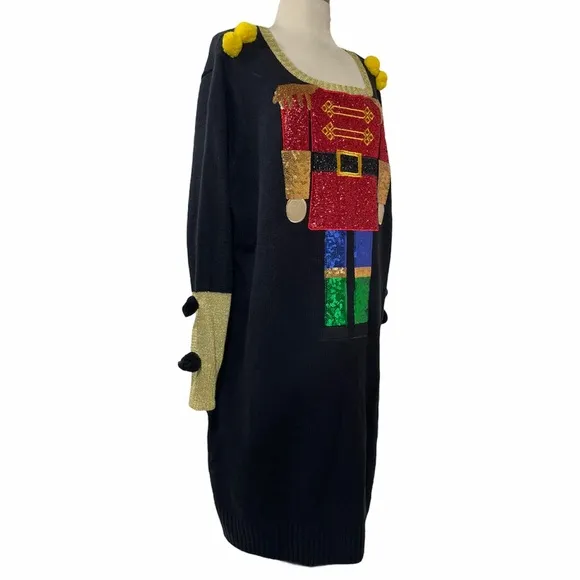 Christmas Dress Luxury Holiday Sweater Dress Nutcrackers Ornaments Sequins Gold