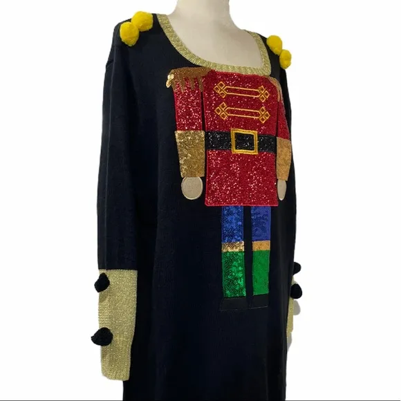 Christmas Dress Luxury Holiday Sweater Dress Nutcrackers Ornaments Sequins Gold