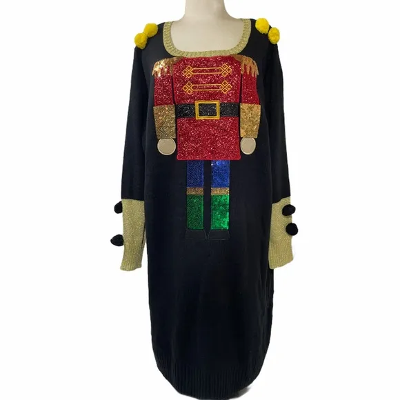 Christmas Dress Luxury Holiday Sweater Dress Nutcrackers Ornaments Sequins Gold