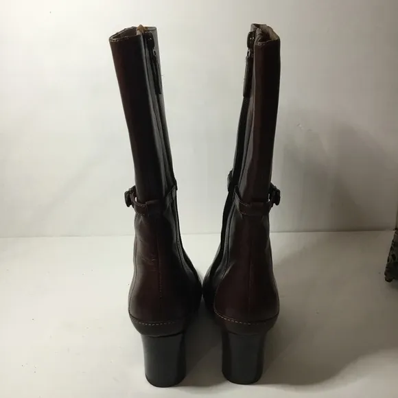 Clarks Artisan Women’s Brown Leather Heeled Boots With Floral Lining Size 6 NWOB