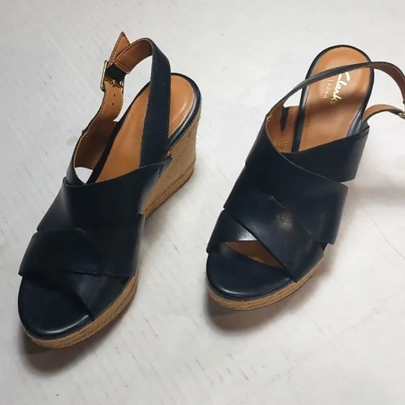 CLARKS Black Platform Wedges Size 8.5
