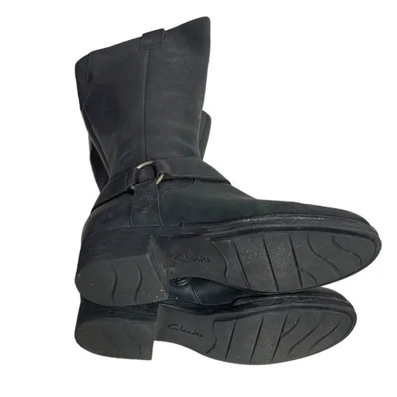 CLARKS Royal Derby Black Leather Boots Low Hell Riding Womens Size 7.5