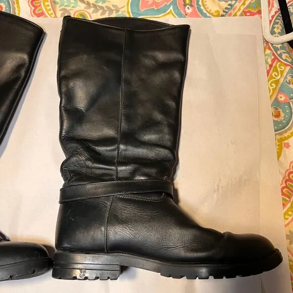 Classic Black Leather Riding Boots with Buckle‎ Detail and Rugged Sole