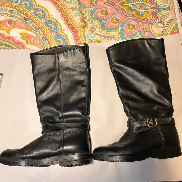 Classic Black Leather Riding Boots with Buckle‎ Detail and Rugged Sole