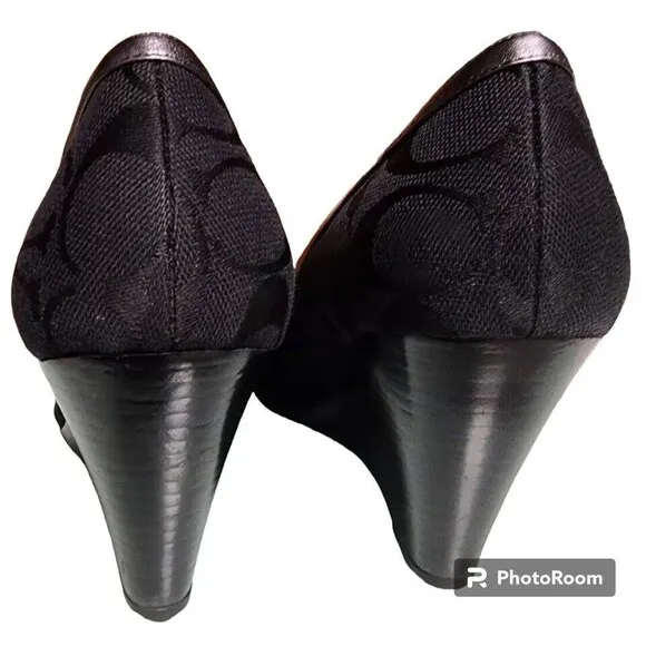 COACH Black Wedges Size 8B Designer Peep Toe Leather Trim