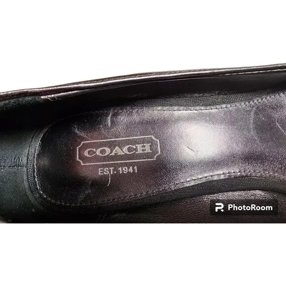 COACH Black Wedges Size 8B Designer Peep Toe Leather Trim