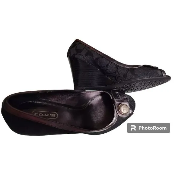 COACH Black Wedges Size 8B Designer Peep Toe Leather Trim