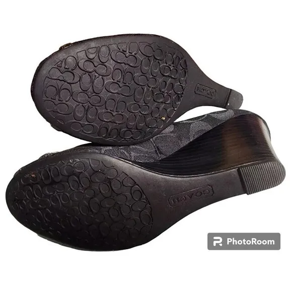 COACH Black Wedges Size 8B Designer Peep Toe Leather Trim