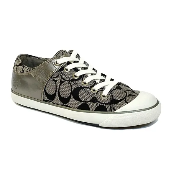 Coach bobbey black gray signature C logo canvas silver leather sneakers shoes