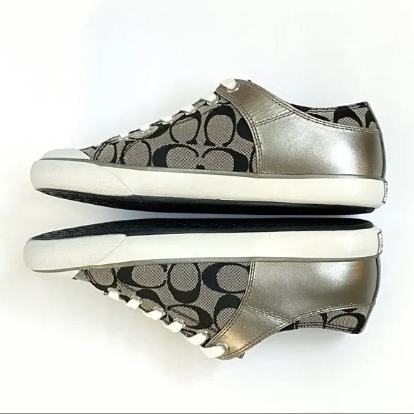 Coach bobbey black gray signature C logo canvas silver leather sneakers shoes