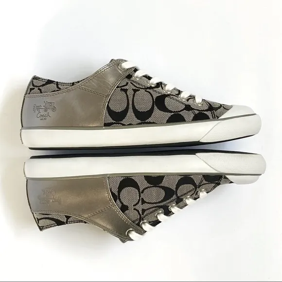 Coach bobbey black gray signature C logo canvas silver leather sneakers shoes