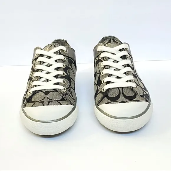 Coach bobbey black gray signature C logo canvas silver leather sneakers shoes