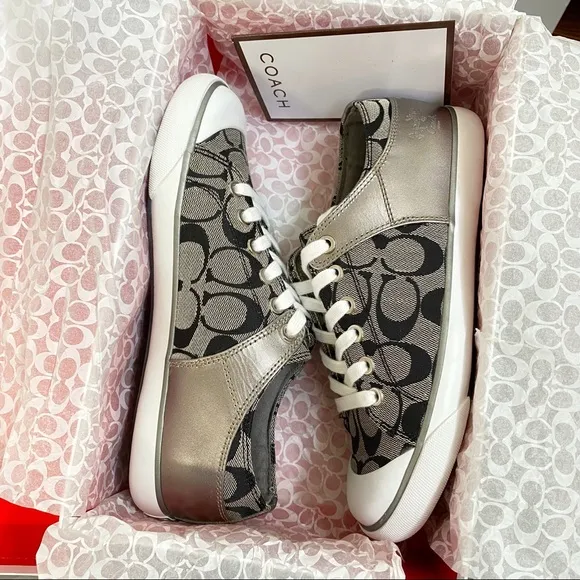 Coach bobbey black gray signature C logo canvas silver leather sneakers shoes
