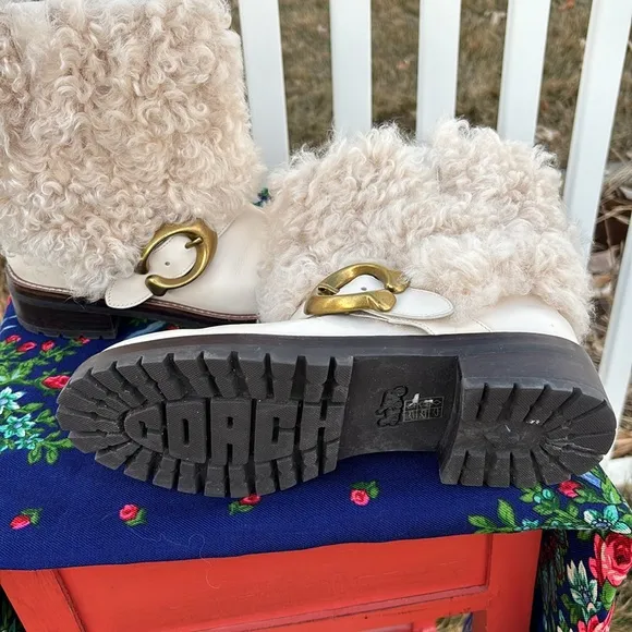 Coach Cream Shearling and Leather Flat Boots Size 6.5
