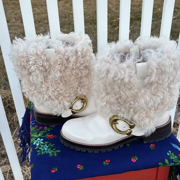 Coach Cream Shearling and Leather Flat Boots Size 6.5