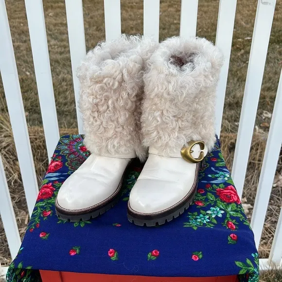 Coach Cream Shearling and Leather Flat Boots Size 6.5