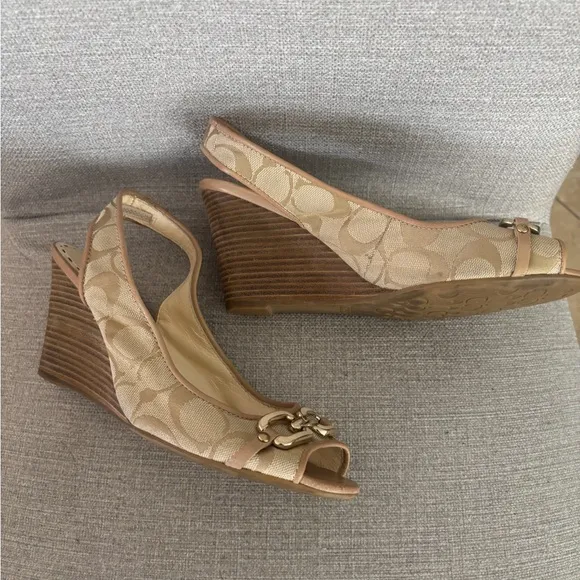 Coach Cynthia Tan Wedge Sandals with Gold hardware Detail