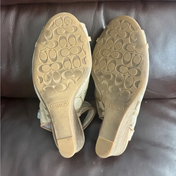 Coach Cynthia Tan Wedge Sandals with Gold hardware Detail