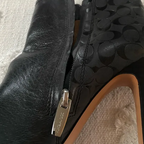 Coach Hanni Logo Black Embossed Heeled Leather Boots Ankle Booties