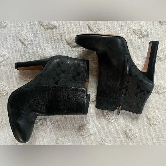 Coach Hanni Logo Black Embossed Heeled Leather Boots Ankle Booties