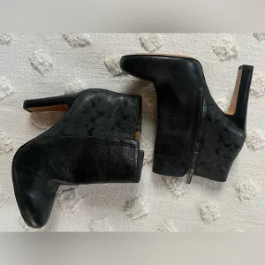 Coach Hanni Logo Black Embossed Heeled Leather Boots Ankle Booties