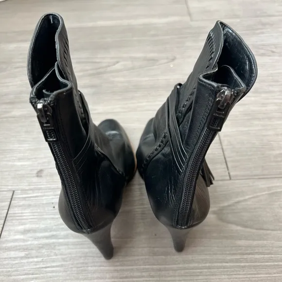 Coach Jessie Silky Black Nappa Heeled Booties Tassel Size 7