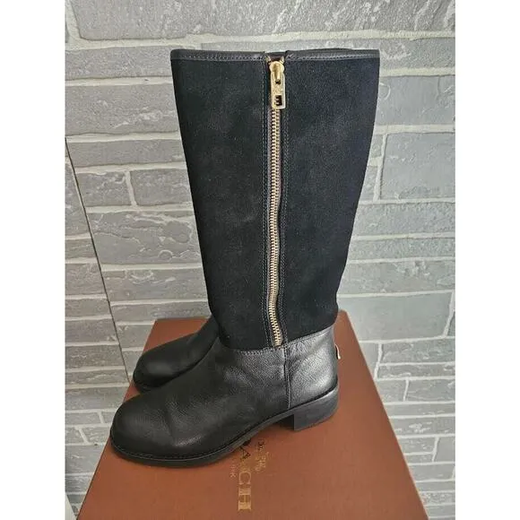 Coach Knee High Boots Women's size 8 Black Bailey Safari Leather Suede NEW