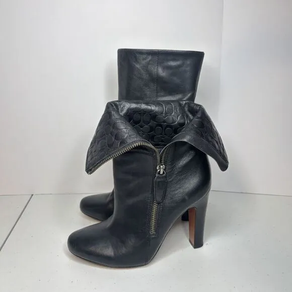 Coach Lux Black Leather Monogram Zip Heeled Ankle Booties Womens Boots Designer
