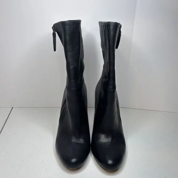 Coach Lux Black Leather Monogram Zip Heeled Ankle Booties Womens Boots Designer