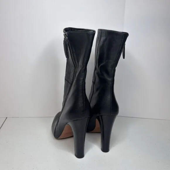 Coach Lux Black Leather Monogram Zip Heeled Ankle Booties Womens Boots Designer