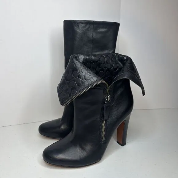 Coach Lux Black Leather Monogram Zip Heeled Ankle Booties Womens Boots Designer