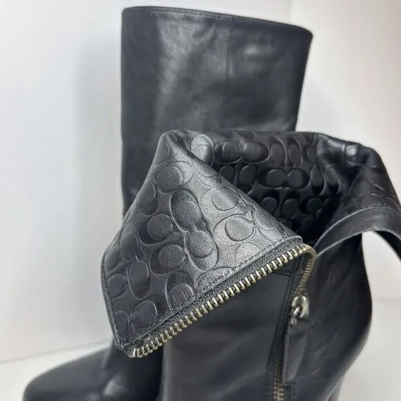 Coach Lux Black Leather Monogram Zip Heeled Ankle Booties Womens Boots Designer