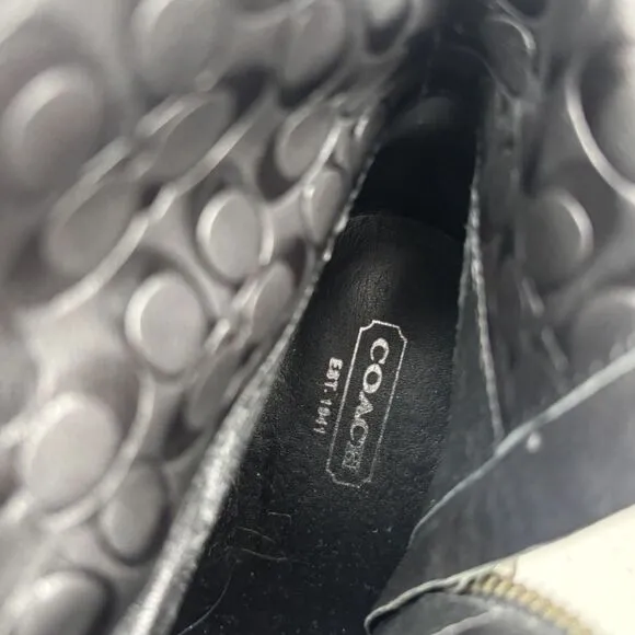Coach Lux Black Leather Monogram Zip Heeled Ankle Booties Womens Boots Designer