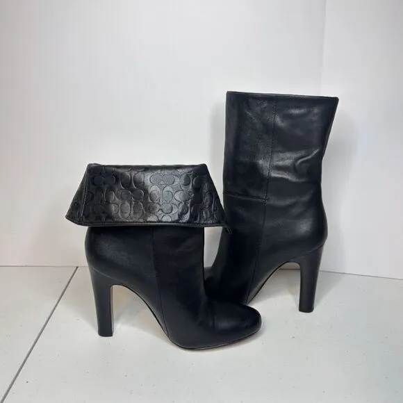 Coach Lux Black Leather Monogram Zip Heeled Ankle Booties Womens Boots Designer