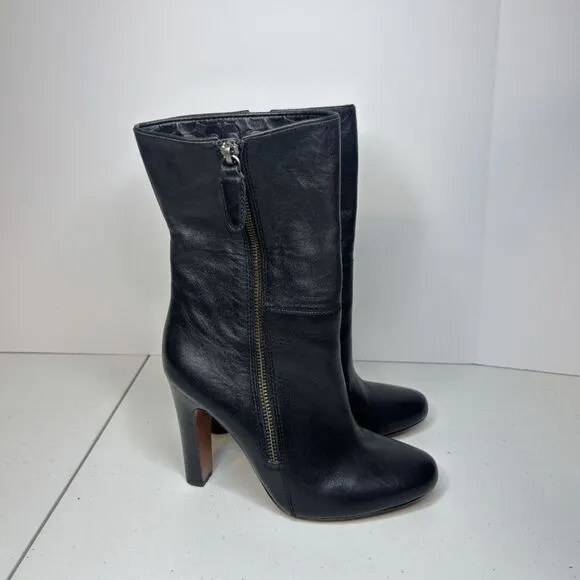 Coach Lux Black Leather Monogram Zip Heeled Ankle Booties Womens Boots Designer