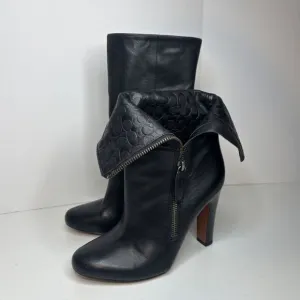 Coach Lux Black Leather Monogram Zip Heeled Ankle Booties Womens Boots Designer