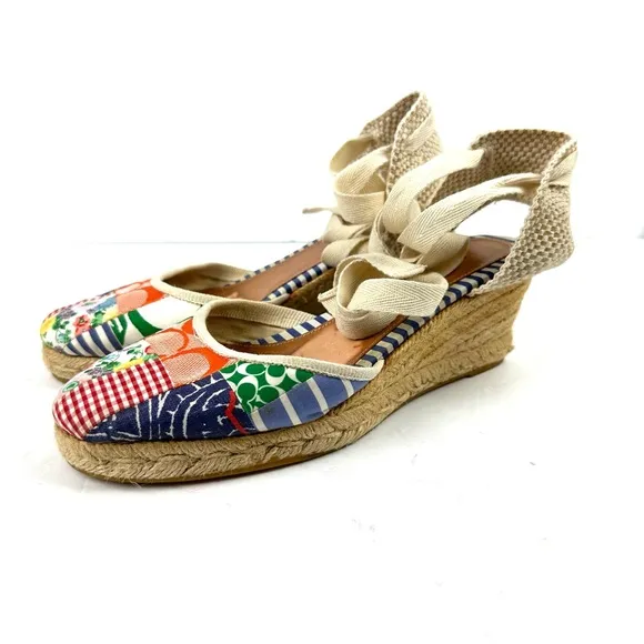 Coach Patchwork Lace Up Espadrille Wedges 9 Ankle Strap Canvas Shoes Womens