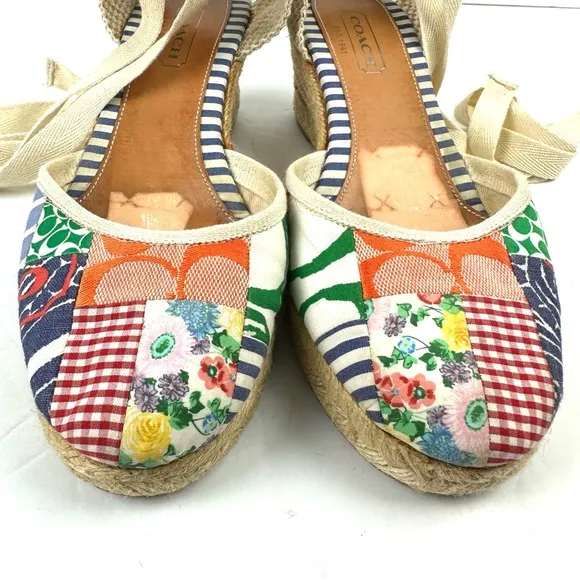 Coach Patchwork Lace Up Espadrille Wedges 9 Ankle Strap Canvas Shoes Womens