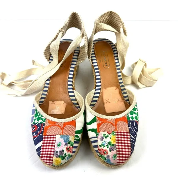 Coach Patchwork Lace Up Espadrille Wedges 9 Ankle Strap Canvas Shoes Womens