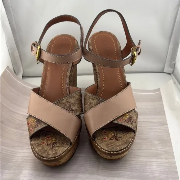 Coach Tan and Pink Wedges with Cork-Style Heel NWOT